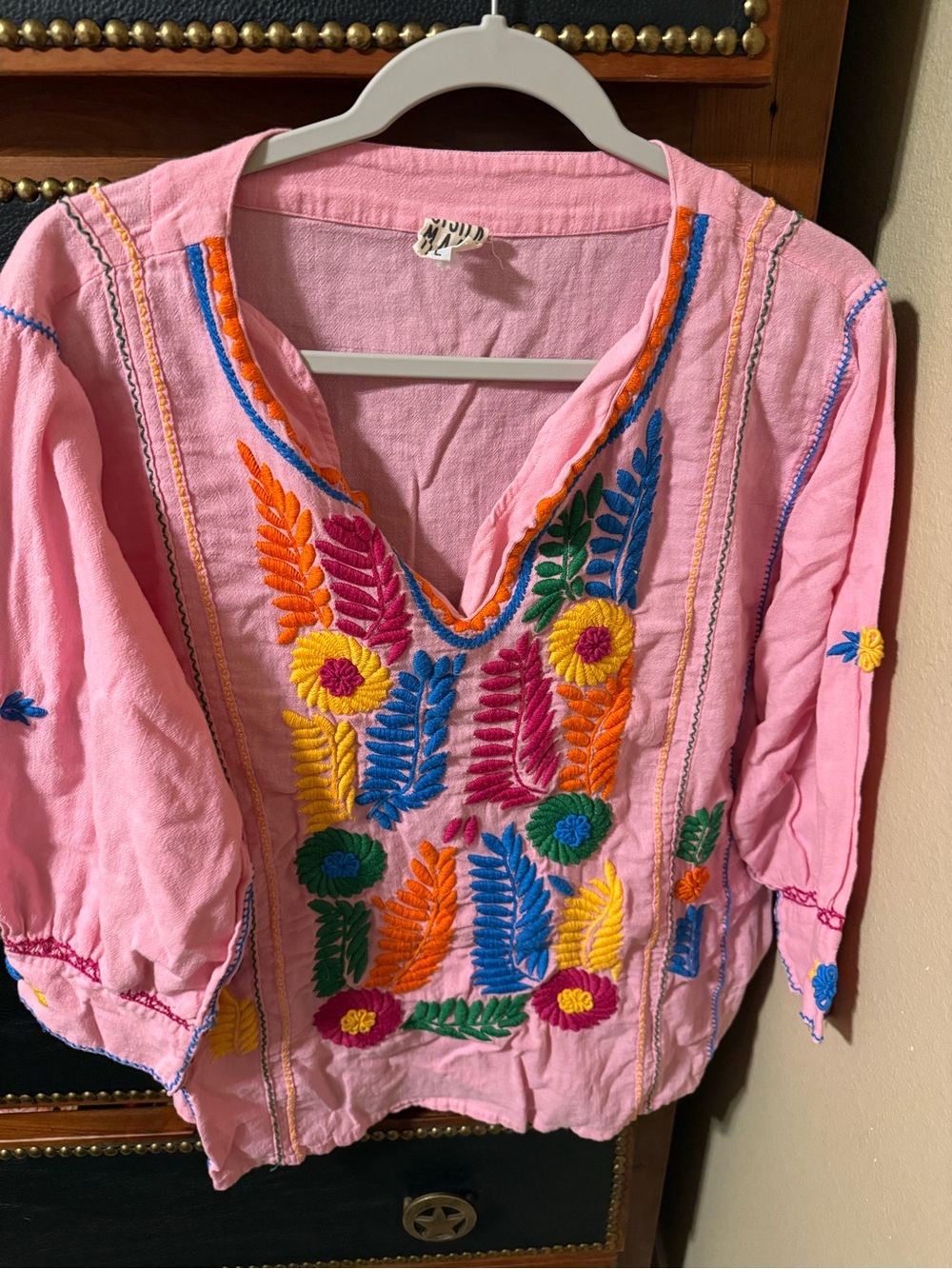 Girls' Pink Embroidered Floral Peasant Top